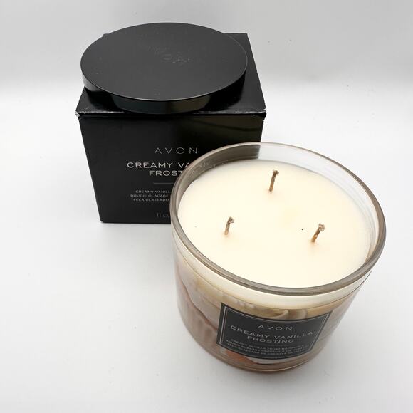 Avon Creamy Vanilla Frosting NIB Three Wick 3 Wick Glass Jar Candle 11oz HTF
